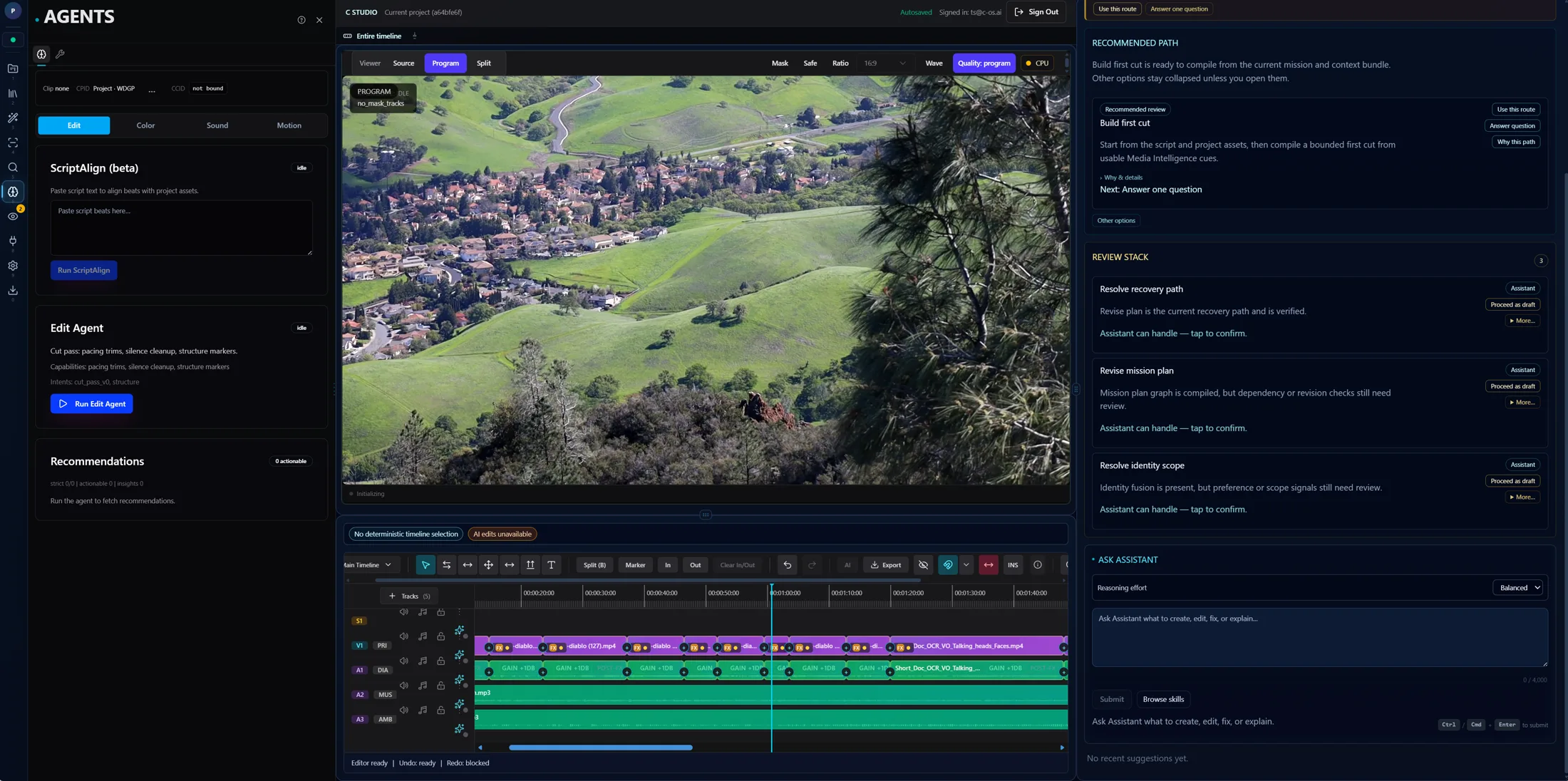 CStudio Agents view with agent tools and review stack