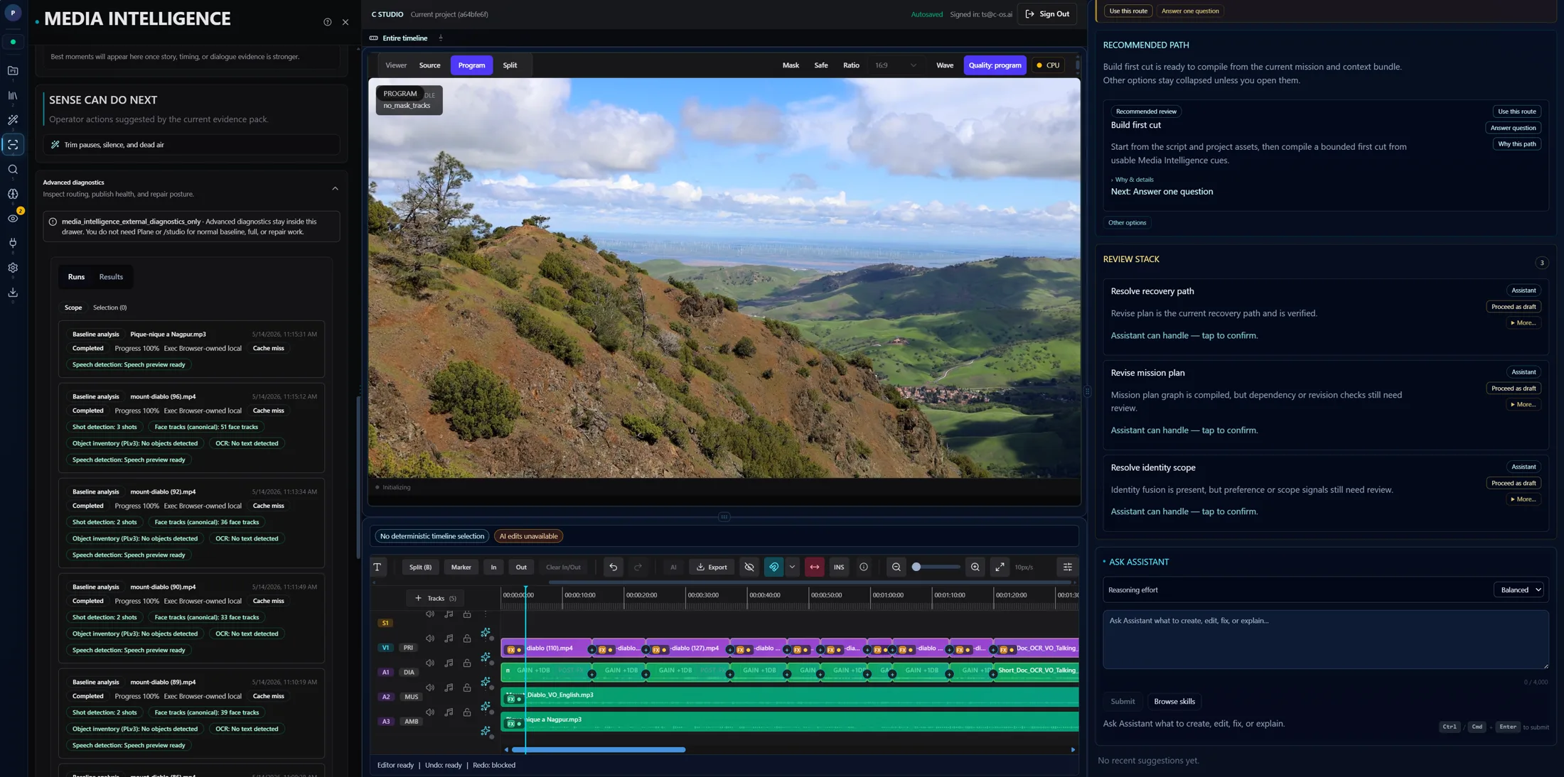 CStudio Media Intelligence view showing evidence, diagnostics, and timeline context